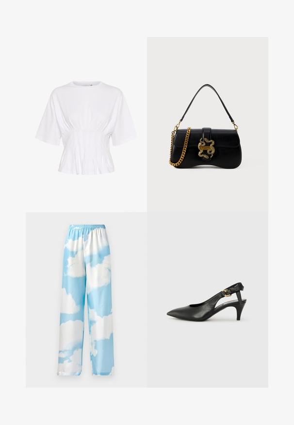 Bijela bluzica s kratkim rukavima, izrađena od mekane tkanine, s okruglim izrezom i naboranim detaljima na struku za prilagođen izgled.; Hlače u sky plavoj boji s uzorkom oblaka, izrađene od glatkog materijala, s elastičnom gumicom u struku i širokim nogavicama. Nema vidljivih džepova ili metalnih dijelova.; Crna kožna slingback cipela s uskim prstom, malim potpeticom i kopčom na remenu oko članka. Glatka tekstura, minimalistički dizajn.; Crna kožna torba za ruke s zakrivljenim oblikom, zlatni akcent zmije i lančani remen. Ima preklopno zatvaranje s metalnom oznakom.