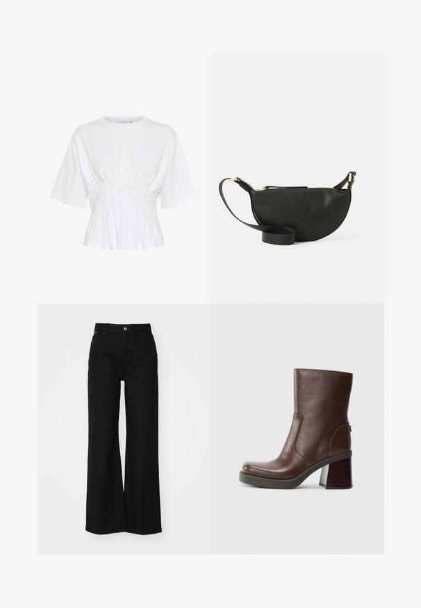 Bijela bluzica s kratkim rukavima, izrađena od mekane tkanine, s okruglim izrezom i naboranim detaljima na struku za prilagođen izgled.; Crne široke traperice s visokim strukom, s prednjim zatvaračem na rajsferšlus i kopčom na gumb, te crvenim naglascima u šavovima.; Smeđa kožna čizme do gležnja s okruglim vrhom, glatkom teksturom i debelim drvenim potplatom. Detalj bočnog šava i suptilan sjaj.; Crna kožna torbica preko tijela u obliku polumjeseca, teksturirana površina, zlatni zatvarač i ravni remen. Kompaktni dizajn prikladan za osnovne stvari.