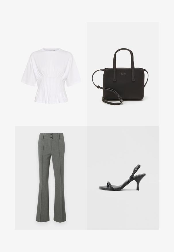 Top blanco de mangas cortas hecho de una tela suave, con un escote redondo y detalles fruncidos en la cintura para un ajuste ceñido.; Pantalones grises acampanados hechos de tela texturizada. Presentan dos botones en la cintura y detalles en la costura frontal.; Sandalias de tacón alto de cuero negro con un tacón delgado y curvado y un diseño de tiras cruzadas. Correa para el tobillo ajustable. Textura suave.; Bolso de mano negro con dos asas cortas y una correa de hombro removible. Material suave tipo cuero con cierre de cremallera y detalle del logo.