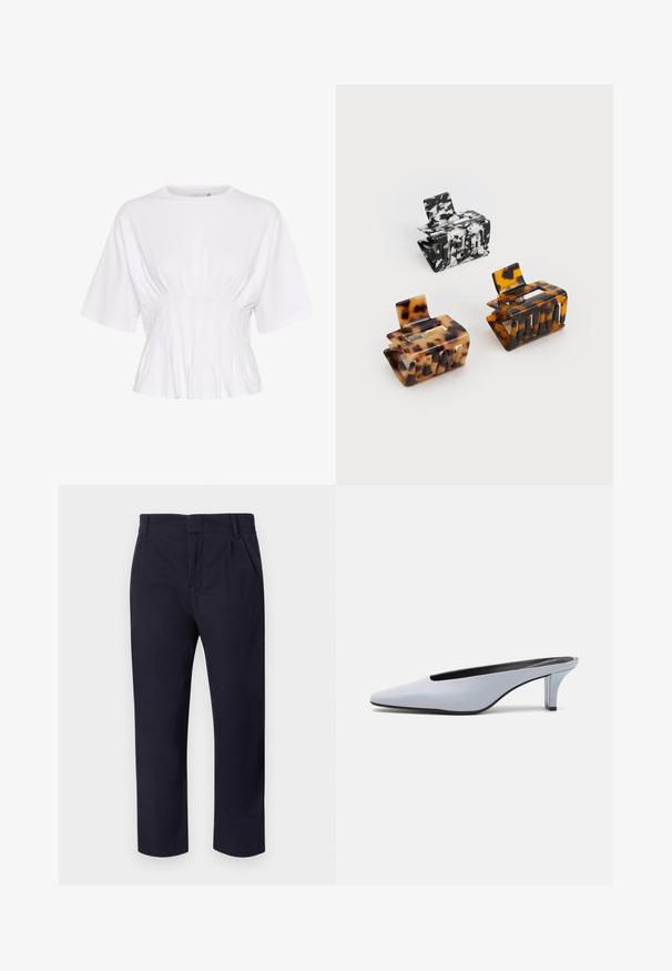 Top branco de manga curta feito de tecido suave, com um decote redondo e detalhes franzidos na cintura para um look ajustado.; Calças azul-marinho feitas de algodão, com um design de perna reta, frente plissada e passantes para cinto na cintura.; Mule de pele patente azul claro com bico alongado, salto baixo transparente e um design elegante com um recorte no vamp.; Três ganchos de cabelo: um em mármore preto e branco, dois em padrão tartaruga nas tonalidades castanha e preta, todos feitos de plástico brilhante com um acabamento texturizado.