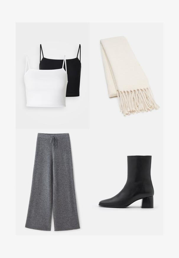 Twee geribbelde camisoles in het wit en zwart, met dunne verstelbare bandjes en een cropped ontwerp. Zachte stof met een gladde textuur.; Grijze wijduitlopende broek van zacht tricot met een trekkoord in de taille, met een gestructureerd oppervlak en schone randen.; Zwarte leren enkelboot met een spitse neus en een chunky vierkante hak. Glad oppervlak met een naadloos ontwerp en minimalistische stiksels.; Witte sjaal met een gestructureerd patroon, voorzien van franjes aan de uiteinden. Het materiaal lijkt zacht en lichtgewicht, netjes gevouwen voor tentoonstelling.; Zwarte tote bag van getextureerd materiaal, met twee lange handvatten en een eenvoudig, minimalistisch ontwerp zonder zichtbare hardware.