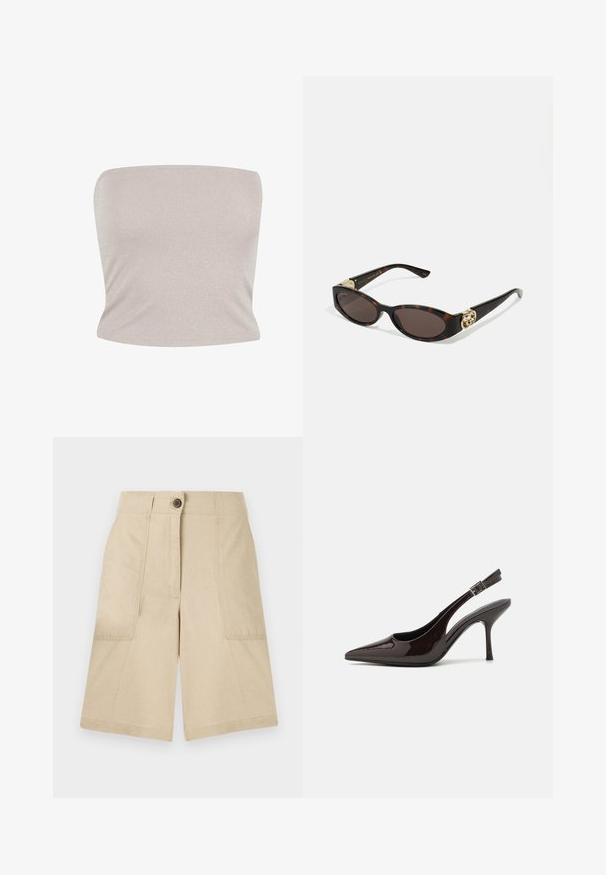 Bandeau top in light beige knit fabric with subtle shimmer, featuring a fitted design and smooth texture, with a straight neckline.; Beige linen shorts with two side pockets, a front button closure, straight cut, and a smooth texture. Clean design with no patterns.; Slingback high-heeled shoe in glossy dark brown patent leather, pointed toe, open sides, and adjustable ankle strap.; Tortoiseshell sunglasses with elongated oval lenses, brown tint, gold logo accents on temples, and sleek black arms.