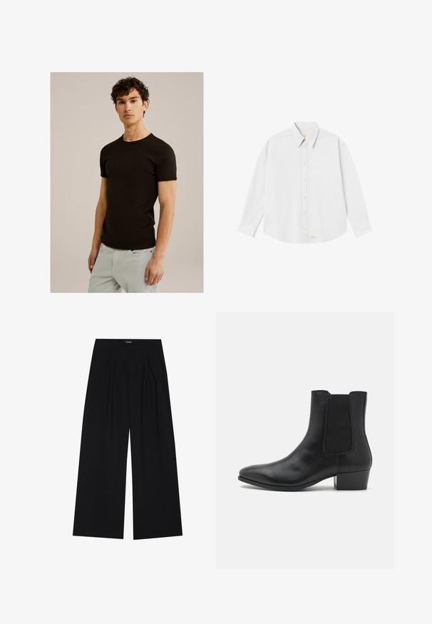 Svart t-shirt med kort ärm och rund halsringning, tillverkad av ett slätt, elastiskt tyg. Passformen är slim, designad för att sitta nära kroppen.; Vit skjorta med klassisk krage, långa ärmar och rundad nederkant; har en liten orange logotyp på nederkanten till vänster.; YOURTURN UNISEX - Tygbyxor - black; Zign LEATHER - Stövletter - black