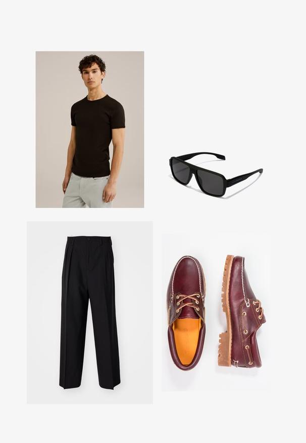 Juoda trumpos rankovėmis marškinėliai su apvaliu iškirpimu, pagaminti iš lygaus, tamprios medžiagos. Siluetas siauras, sukurtas taip, kad priglustų prie kūno.; Juodi klostuoti kelnių, su tiesiu, plačiu kojų dizainu. Pagaminti iš lygios medžiagos, su mygtukų uždarymu ir diržo kilputėmis.; Burgundi odiniai bateliai su rudais guminiais padais, apvaliu pirštu, balta siūle ir auksiniais inkarais. Interjere yra geltonas pamušalas.; Hawkers PARLAY - Akiniai nuo saulės - black