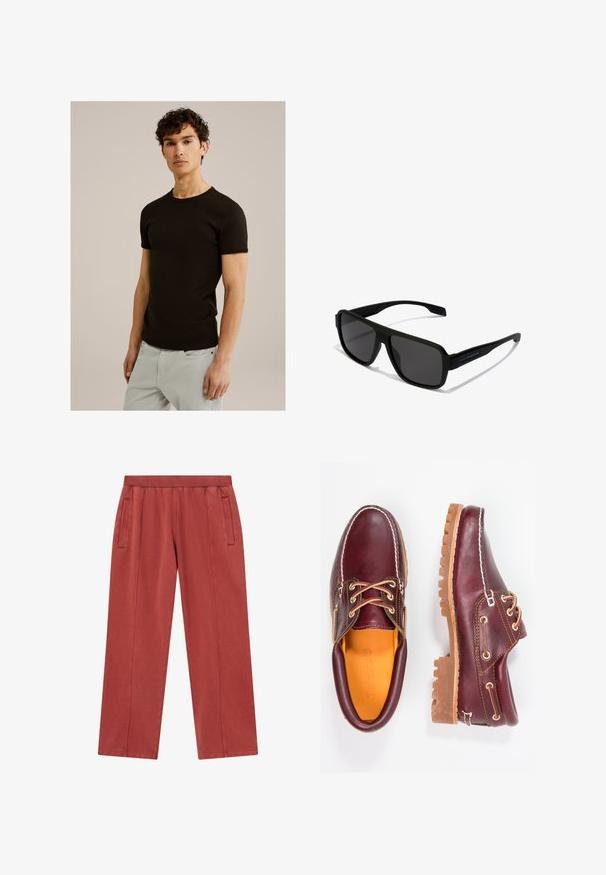 Czarny T-shirt z krótkim rękawem i okrągłym dekoltem, wykonany z gładkiego, elastycznego materiału. Fason jest dopasowany, zaprojektowany tak, aby przylegał do ciała.; Rdzawoczerwone szerokie spodnie z miękkiego materiału, z bocznymi kieszeniami i fakturowanym paskiem dla komfortu.; Bordowe skórzane buty z brązowymi gumowymi podeszwami, okrągły czubek, białe przeszycia i złote oczka. Wnętrze posiada żółtą podszewkę.; Hawkers PARLAY UNISEX czarny