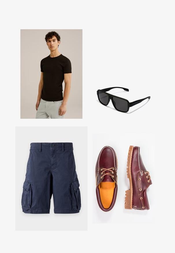 T-shirt nero a maniche corte con scollatura rotonda, realizzato in un tessuto morbido ed elastico. La vestibilità è slim, progettata per aderire al corpo.; Pantaloni cargo blu navy realizzati in cotone. Presentano multiple tasche laterali, un sistema di chiusura con bottone e un fit rilassato. Texture liscia e design resistente.; Scarpe in pelle bordeaux con suole in gomma marrone, punta rotonda, cuciture bianche e occhielli dorati. L'interno presenta un rivestimento giallo.; Hawkers PARLAY - Occhiali da sole - black