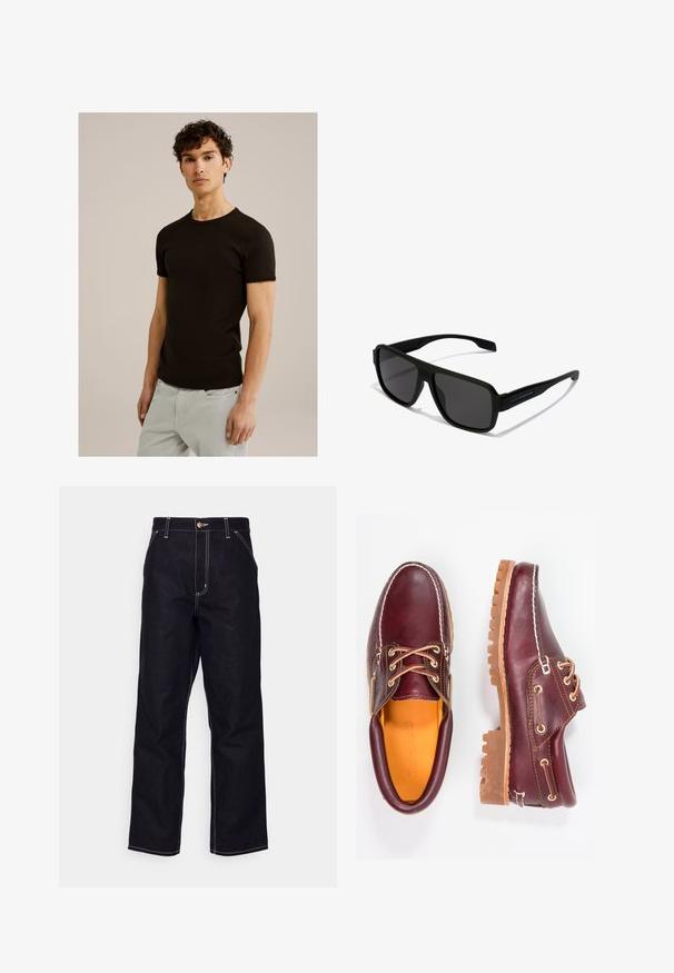 Zwarte korte mouwen t-shirt met een ronde halslijn, gemaakt van een gladde, rekbare stof. De pasvorm is slim, ontworpen om dicht tegen het lichaam aan te zitten.; Zwarte denim jeans met een recht gesneden ontwerp, contrasterende witte stiksels, een knoopsluiting en twee voorzakken.; Bordeaux leren schoenen met bruine rubberen zolen, ronde neus, witte stiksels en gouden veterogen. Het interieur heeft een gele voering.; Hawkers PARLAY - Zonnebril - black