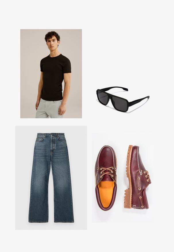 Camiseta negra de manga corta con escote redondo, hecha de una tela suave y elástica. El corte es ajustado, diseñado para ceñirse al cuerpo.; Vaqueros de tiro alto y pierna ancha en azul, con bolsillos delanteros, trabillas para cinturón y cierre de botón, fabricados en denim de lavado medio.; Zapatos de cuero burdeos con suelas de goma marrón, puntera redonda, costuras blancas y ojales dorados. El interior cuenta con un forro amarillo.; Hawkers PARLAY - Gafas de sol - black