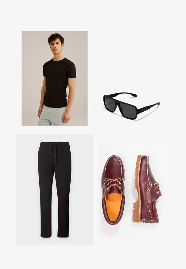 Zwarte korte mouwen t-shirt met een ronde halslijn, gemaakt van een gladde, rekbare stof. De pasvorm is slim, ontworpen om dicht tegen het lichaam aan te zitten.; Zwarte linnen broek met een drawstring taille, rechte pijpen, textuurstof en een minimalistisch ontwerp. Geschikt voor casual gebruik.; Bordeaux leren schoenen met bruine rubberen zolen, ronde neus, witte stiksels en gouden veterogen. Het interieur heeft een gele voering.; Hawkers PARLAY - Zonnebril - black