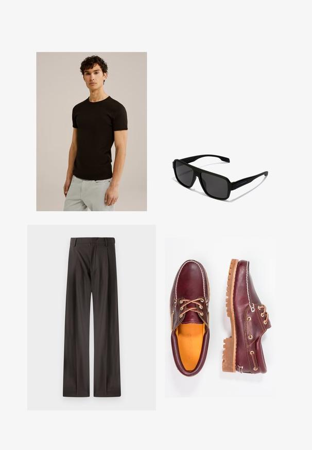Svart t-shirt med kort ärm och rund halsringning, tillverkad av ett slätt, elastiskt tyg. Passformen är slim, designad för att sitta nära kroppen.; Vidbyxors i mörkbrun tyg. Har en slät yta, strukturerad midja och subtila framveck.; Burgundy läderskor med bruna gummisulor, rund tå, vit söm och gyllene öljetter. Inredningen har en gul foder.; Hawkers PARLAY - Solglasögon - black