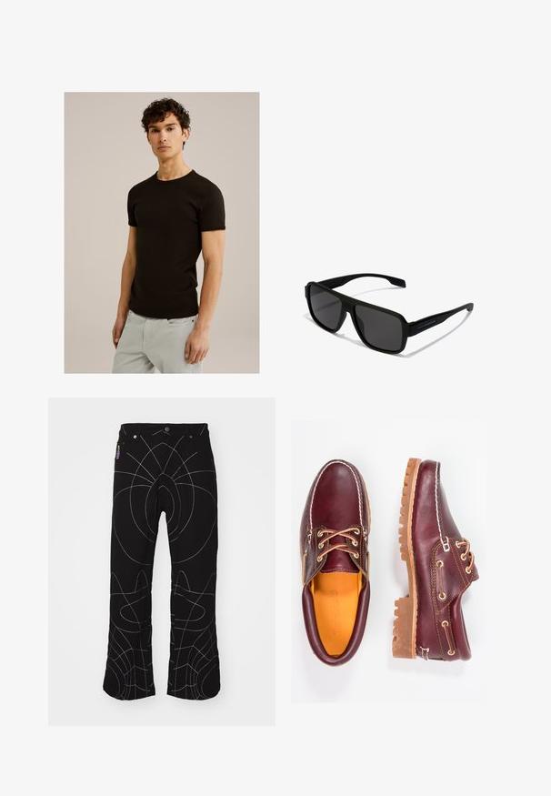Camiseta negra de manga corta con escote redondo, hecha de una tela suave y elástica. El corte es ajustado, diseñado para ceñirse al cuerpo.; Pantalones negros con costuras abstractas blancas. Cuenta con bolsillos estándar, cierre de botón y un diseño de pierna recta. Tejido texturizado.; Zapatos de cuero burdeos con suelas de goma marrón, puntera redonda, costuras blancas y ojales dorados. El interior cuenta con un forro amarillo.; Hawkers PARLAY - Gafas de sol - black