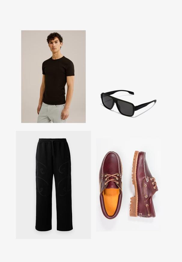 Čierne tričko s krátkym rukávom a okrúhlym výstrihom, vyrobené z hladkého a elastického materiálu. Strih je priliehavý, navrhnutý tak, aby sa prispôsobil telu.; Čierne tepláky s voľným strihom, s komplikovanými krúživými stehovými vzormi pozdĺž strán a elastickým pásom so šnúrkou.; Bordové kožené topánky s hnedými gumovými podrážkami, okrúhlou špičkou, bielym prešívaním a zlatými kovaniami. Interiér má žlté podšívku.; Hawkers PARLAY - Slnečné okuliare - black