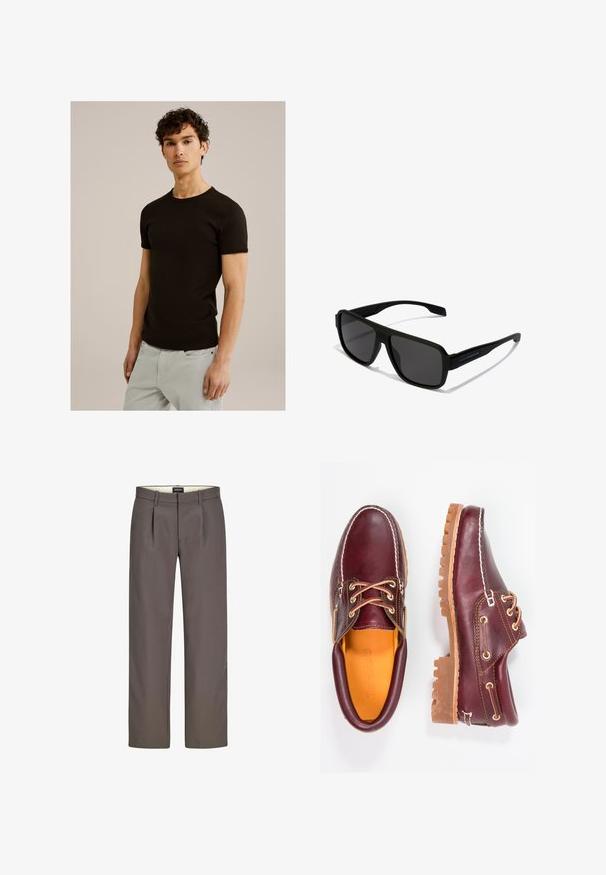 Black short-sleeve t-shirt with a round neckline, made of a smooth, stretchy fabric. The fit is slim, designed to sit close to the body.; Gray trousers with a straight-leg design, featuring pleats, a zipper fly, and a smooth texture. Internal lining is cream.; Burgundy leather shoes with brown rubber soles, round toe, white stitching, and gold eyelets. Interior features a yellow lining.; Hawkers PARLAY - Sunglasses - black