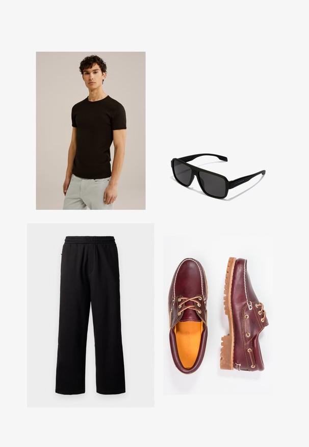 Zwarte korte mouwen t-shirt met een ronde halslijn, gemaakt van een gladde, rekbare stof. De pasvorm is slim, ontworpen om dicht tegen het lichaam aan te zitten.; Zwarte sweatpants met een elastische tailleband, relaxte pasvorm, rechte pijpen en geen zichtbare patronen of hardware. Zachte textuur, casual ontwerp.; Bordeaux leren schoenen met bruine rubberen zolen, ronde neus, witte stiksels en gouden veterogen. Het interieur heeft een gele voering.; Hawkers PARLAY - Zonnebril - black