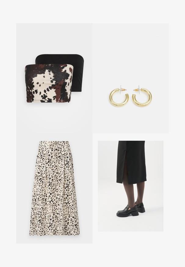 Due top con spalline: uno presenta una stampa animalier astratta marrone e crema, mentre l'altro è di un nero uniforme. Entrambi sono realizzati in tessuto morbido.; Gonna midi plissettata in un tessuto leggero con base beige e stampa leopardata nera, dotata di vita con coulisse per una vestibilità regolabile.; Scarpe in pelle nera con punta arrotondata, tacco spesso a blocco e accenti laterali in elastico, abbinate a collant scuri e una gonna nera con uno spacco.; Orecchini a cerchio in oro con una finitura liscia e lucida. Design circolare con un piccolo perno e una chiusura trasparente per un indosso sicuro.