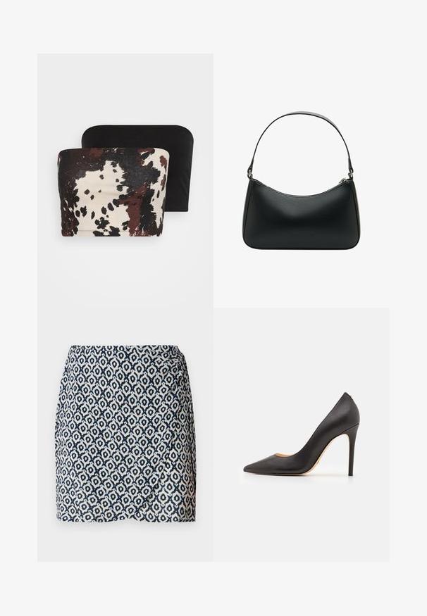Dwa topy bez ramiączek: jeden ma brązowy i kremowy abstrakcyjny wzór zwierzęcy, podczas gdy drugi jest gładki czarny. Oba wykonane są z miękkiego materiału.; Granatowa i biała spódnica kopertowa w wzory z geometrycznymi kształtami, lekki materiał, dopasowana talia i delikatny drapowanie u dołu.; Czarne skórzane szpilki z ostrym noskiem i gładką teksturą, z wąskim obcasem i minimalistycznym designem.; Czarna skórzana torba na ramię o zakrzywionym kształcie, z pojedynczym płaskim paskiem i zamknięciem na zamek błyskawiczny u góry. Gładka tekstura z minimalnymi detalami metalowymi.