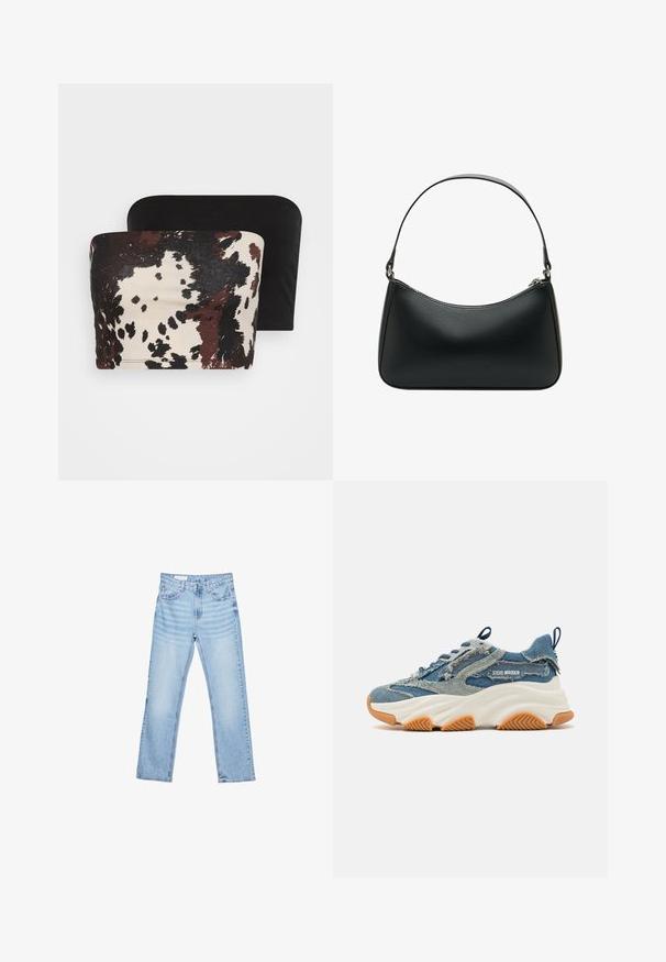 Dva topa brez naramnic: en ima rjav in kremast abstrakten živalski vzorec, medtem ko je drugi popolnoma črn. Oba sta izdelana iz mehkega blaga.; Svetlo modri kavbojki s ravnim krojem, petimi žepi in vidnimi šivi. Srednje visok pas z klasik gumbom in zadrgo.; Denim superge z večplastnim modrim dizajnom, strganimi detajli, belo debelo podplatom in rjavim gumijastim podplatom za oprijem.; Črna usnjena torba za ramo s ukrivljeno obliko, enojnim ravnim trakom in zgornjim zadrgo. Gladka tekstura z minimalnimi podrobnostmi snemalnikov.