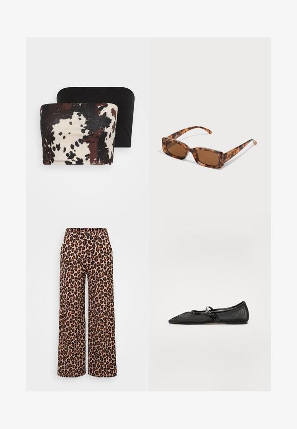 Two strapless tops: one features a brown and cream abstract animal print, while the other is solid black. Both are made of soft fabric.; Even&Odd Petite Trousers - brown; Black flat shoe with pointed toe, mesh upper, and patent leather accents. Features a thin strap with a circular hardware detail.; Tortoiseshell sunglasses with rectangular brown lenses, a thick frame, and slim arms featuring a pattern of varying shades of brown.