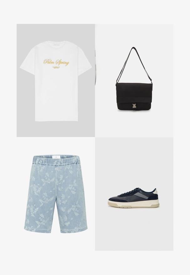 Fehér pamut póló, arany szöveggel, amely így szól: "Palm Spring", alatta pedig a "California Love Eighty Five" felirat található, laza fazonnal és kerek nyakkivágással.; Világoskék farmer rövidnadrág finom virágmintával, rugalmas derékkal és egyenes szabással. Zsebek nem láthatók.; BOSS BALTIMORE - Sportcipő - open blue; Fekete üzenetküldő táska sima anyagból, hajtókás fedéllel, ezüst csattal és állítható vállpánttal.