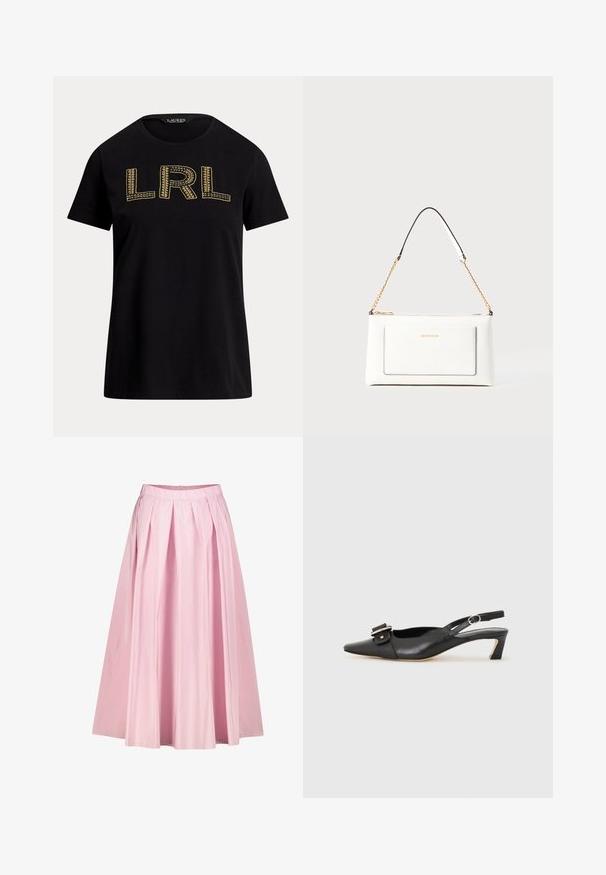 Schwarzes Baumwoll-T-Shirt mit kurzen Ärmeln, das auf der Vorderseite den goldenen gestickten "LRL"-Text präsentiert. Rundhalsausschnitt, lässiger Schnitt, glatte Textur.; Rosa, plissierter Midirock mit lockerer Silhouette, gefertigt aus leichtem Stoff, mit einem Gummibund und einem verdeckten Reißverschluss auf der Rückseite.; Schwarzer Leder Slingback-Schuh mit spitzer Zehenform, kleinem Absatz und dekorativem Schnallen-Detail auf dem Obermaterial. Glatte Textur, minimalistisches Design.; Weißes Lederhandtasche mit strukturierter Oberfläche, ausgestattet mit einem goldenen Kettenriemen und schwarzen Akzenten. Enthält eine Fronttasche und einen Reißverschluss.