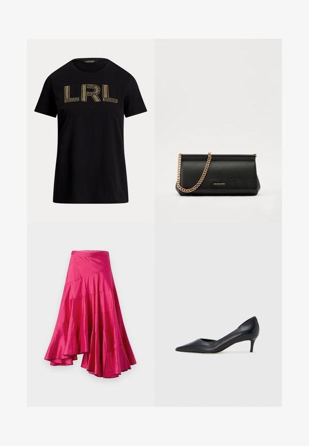 Melna kokvilnas t-krekliņš ar īsām piedurknēm, kuram priekšpusē ir zeltīta izšūta "LRL" teksta apdare. Apaļa izgriezne, brīva piegriezuma, gluda tekstūra.; Magenta satīna svārki ar izplestu apakšmalu, ar kārtām un asimetrisku dizainu. Gluda tekstūra un vidēja garuma griezums.; Melna ādas kurpe ar smailu purngalu un zemu papēdi. Raksturota ar gludu tekstūru un smalku spīdumu. Priekša ar atvērtu izgriezumu papildu detaļai.; Melns ādas apliecības soma ar zelta ķēdes siksnu, ar gludu tekstūru, taisnstūra formu un izspiestu zīmolu uz priekšpuses.