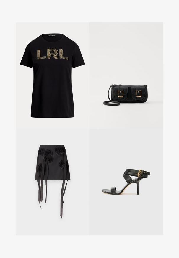 Čierne bavlnené tričko s krátkymi rukávmi so zlatou vyšívanou textúrou "LRL" na prednej strane. Okrúhly výstrih, uvoľnený strih, hladká textúra.; Čierna sukňa s trojrozmernými kvetinovými aplikáciami a dlhými, splývavými saténovými stuhami. Materiál má hladkú textúru a štruktúrovaný dizajn.; Čierne sandále na podpätku s prekríženými popruhmi a nastaviteľnou prackou. Majú hladkú textúru a zúžený stiletto podpätok.; Čierna kožená crossbody taška s dvoma prednými vreckami, zlatými sponami, zipsovým uzatváraním a úzkym popruhom. Štruktúrovaný povrch a kompaktný obdĺžnikový tvar.