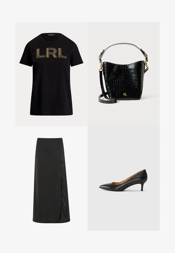 Zwarte katoenen t-shirt met korte mouwen, voorzien van gouden geborduurde "LRL" tekst op de voorkant. Ronde halslijn, relaxte pasvorm, zachte textuur.; Zwarte midi-jurk gemaakt van een soepele stof met een zijsplits en een rechte silhouet met een subtiele glans. Op maat gemaakte zoom.; Zwarte leren pump met een puntige teen, lage hak en een gladde textuur. Heeft een lichte opening aan de voorkant en minimale hardware aan de achterkant.; Zwarte croco-embossed leren tas met een gebogen ontwerp, gouden hardware-accenten, een verstelbare schouderriem en een logo-detail aan de voorkant.