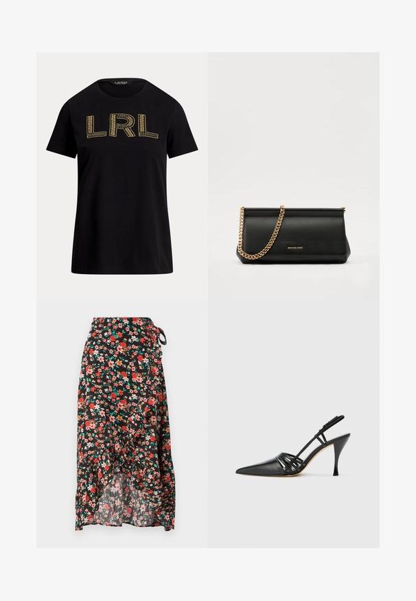 Juodas medvilninis marškinėliai trumpomis rankovėmis, su auksiniu siuvinėtu „LRL“ tekstu priekyje. Apvalus iškirpimas, laisvas fasonas, glotni tekstūra.; Gėlių apvalią sijoną su juodu fonu, raudonais ir rožiniais gėlėmis, plazdančiu kraštu, reguliuojamu diržu liemens srityje ir lengvu audiniu.; Juodas odinis aukštakulnis slingback batelis su smailiu noseliu, kryžminiu dirželiu ir plonu stiletto kulnu. Lygus paviršius ir minimalūs akcentai.; Juodas odinis delninukas su auksine grandine, turintis lygų paviršių, stačiakampį išmatavimą ir įspaustą prekės ženklą priekyje.