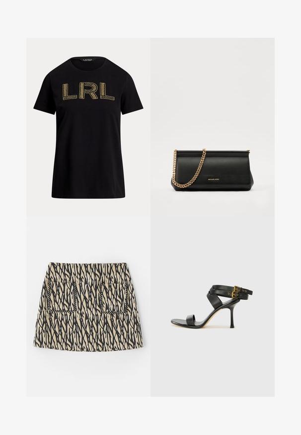 Černé bavlněné tričko s krátkými rukávy, na přední straně s vyšitým zlatým textem "LRL". Kulatý výstřih, volný střih, hladká textura.; Krátká sukně s černo-bežovým abstraktním vzorem, která má dvě přední kapsy olemované černým stehem. Textilie z bavlněné směsi.; Černé sandály na podpatku s kříženými popruhy a nastavitelnou sponou. Mají hladký povrch a špičatý stiletto podpatek.; Černá kožená psaníčko s zlatým řetízkem, vyznačující se hladkým povrchem, obdélníkovým tvarem a reliéfním logem na přední straně.