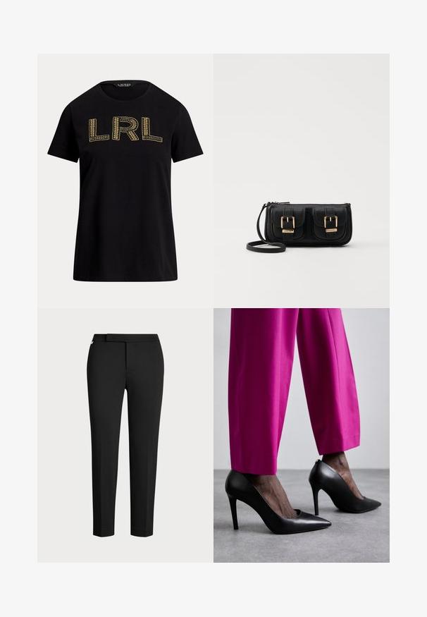 Zwarte katoenen t-shirt met korte mouwen, voorzien van gouden geborduurde "LRL" tekst op de voorkant. Ronde halslijn, relaxte pasvorm, zachte textuur.; Zwarte taps toelopende broek gemaakt van rekbaar materiaal, met een platte tailleband, zijzakken en een gladde, matte textuur. Geen zichtbare sluitingen.; Zwarte hoge hakken met een puntige neus en een gladde leren textuur. Gecombineerd met felroze, op maat gemaakte broeken.; Zwarte leren schoudertas met twee vo pockets, gouden gespen, ritsluiting en een smalle band. Tekstuur oppervlak en compacte rechthoekige vorm.