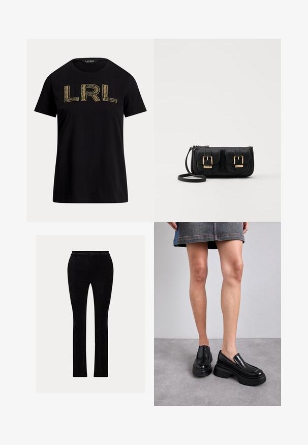 Juodas medvilninis marškinėliai trumpomis rankovėmis, su auksiniu siuvinėtu „LRL“ tekstu priekyje. Apvalus iškirpimas, laisvas fasonas, glotni tekstūra.; Juodos kelnės, pagamintos iš lygios, aksominės medžiagos. Fasuotas modelis su tiesiomis kojomis, turinčios tradicinę juosmens juostą ir diržo kilpas.; MICHAEL Michael Kors SHILOH LOAFER - Aukštakulniai su platforma - black; Juodas odinis per petį nešiojamas krepšys su dviem priekiniais kišenėmis, auksiniais sagtimis, užtrauktuko uždarymu ir siauromis petnešomis. Textūruota paviršius ir kompaktiškas stačiakampis formatas.