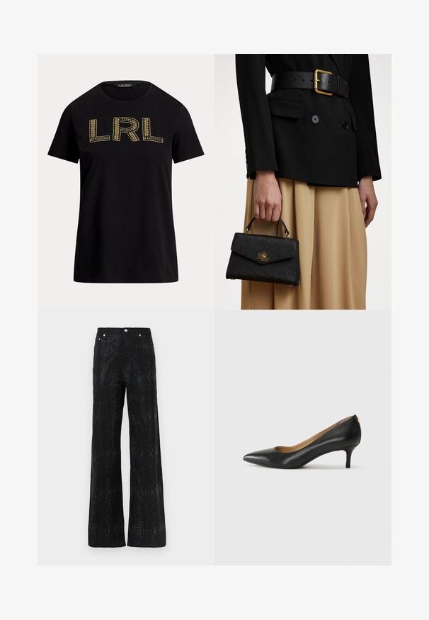 Juodas medvilninis marškinėliai trumpomis rankovėmis, su auksiniu siuvinėtu „LRL“ tekstu priekyje. Apvalus iškirpimas, laisvas fasonas, glotni tekstūra.; Juodos plačios kelnės su tekstūruota danga, turinčios blizgantį raštą. Užbaigtos standartiniu juosmeniu ir metaliniais mygtukais.; Juodos odinės aukštakulnės bateliai su smailiu nosiu, žemu kulnu ir lygiu paviršiumi. Priekyje yra nedidelis atvirumas, o gale minimalus apdaila.; Juoda struktūruota rankinė su tekstūruotu paviršiumi, auksiniais akcentais ir viršutine rankena. Nešiojama su juodu švarku ir smėlio spalvos sijonu.