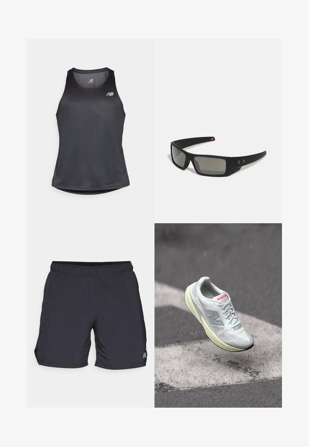 Čierny športový tielko vyrobené z látky odvádzajúcej vlhkosť, s okrúhlym výstrihom a jemnou rebrovanou textúrou, biele logo na hrudi.; Čierne športové šortky z ľahkého materiálu, s elastickým pásom a bočnými rozparkami pre pohodlie pri pohybe. Minimálne logo na boku.; Ľahká bežecká obuv s bielou sieťovinou na hornej časti, žltou medzipodrážkou a sivými akcentmi. Vyznačuje sa výrazným logom 'N' a textúrovaným povrchom.; Čierne slnečné okuliare s matným povrchom, obdĺžnikové šošovky, mierna krivka na straničkách, nenápadný detail loga a šošovky so zafírovaným tónovaním.