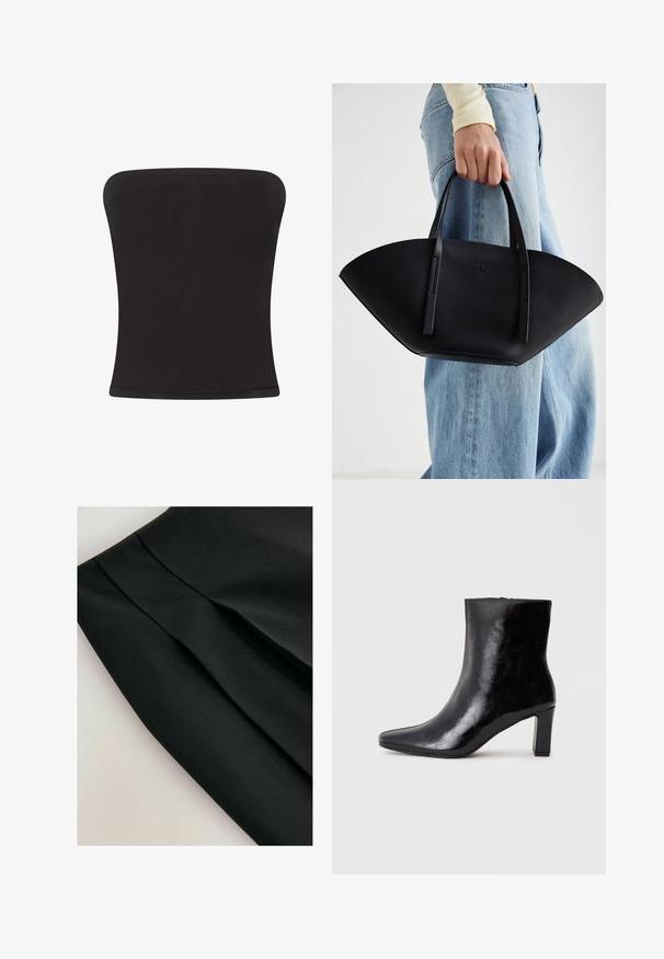 Top nero senza spalline realizzato in tessuto liscio, caratterizzato da una silhouette aderente con scollatura dritta e senza decorazioni aggiuntive.; Gonna nera con pieghe, realizzata in un tessuto liscio. Presenta un design pulito e una superficie strutturata, enfatizzando la forma e la struttura.; Stivale alla caviglia nero realizzato in pelle lucida, con punta affusolata e tacco a blocco medio, dal texture liscia e design semplice.; Borsa a tracolla in pelle nera con una forma a ventaglio unica, dotata di manici piatti. La superficie presenta una texture a ciottoli e un design minimalista.
