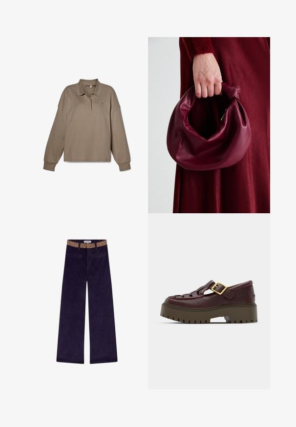 Tan pitkähihainen poolopaita puuvilla-sekoitetusta materiaalista, jossa on klassinen kaulus, kaksi nappia ja huomaamaton logo rinnassa. Rentoa istuvuutta ja joustavat hihansuut.; Vetsokas vaaleat hameet syvän violetin värissä, joissa on kuviollinen vyötärö ja etutaskut, sekä oranssit ompeleet.; Ruskopainen nahkakenkä, jossa on avoin muotoilu, tukeva pohjallinen, kultaiset soljet ja teksturoitu ulkopohja pidon parantamiseksi.; Burgundy-nahkakäsilaukku, jossa on pehmeä, ryppyinen muotoilu ja pyöreä muoto. Kahva on kiinnitetty tukevasti, ja siinä on sileä pinta.