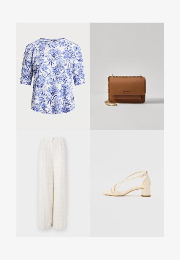 Bloemrijke blouse met een blauw-wit patroon, gemaakt van zachte stof. Het heeft een ronde halslijn en driekwart mouwen.; Wijd-uitlopende broek in een lichtbeige stof met een textuur en geweven patroon. Heeft een voorkant tailleband en geen zichtbare sluitingen.; Beige hakken sandalen met een blockhak, strappy ontwerp en verstelbare enkelband, gemaakt van glad synthetisch materiaal met een matte afwerking.; Bruine lederen schoudertas met textuur, voorzien van een gouden kettingstrap en klepsluiting. De voorkant heeft een logo-detail en een zak onder de klep.