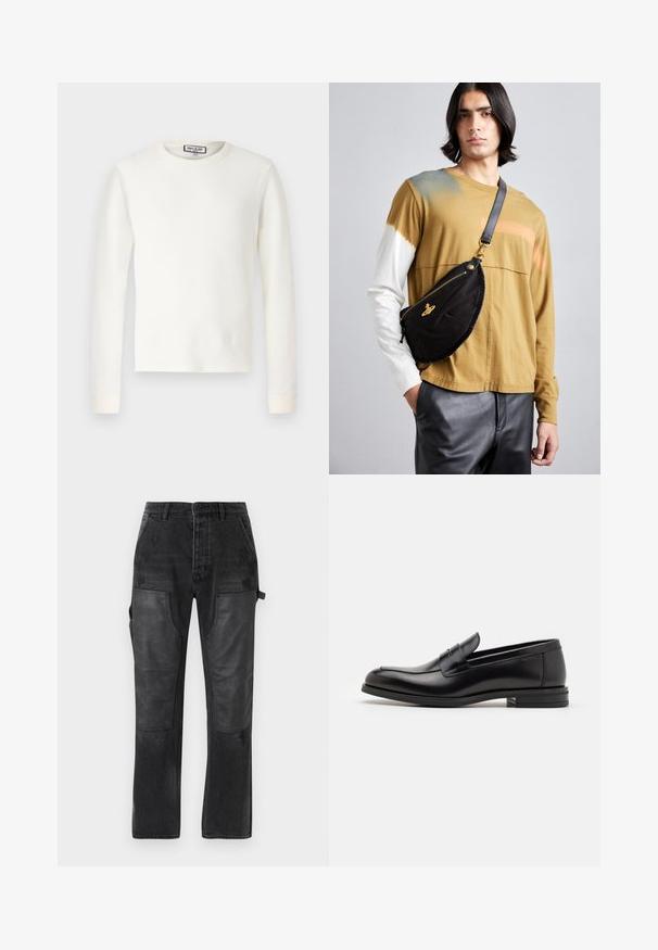 Biely dlhý rukáv termálna blúzka s rebrovanou textúrou, okrúhlym výstrihom a manžetami. Čistý dizajn bez vzorov alebo ďalších detailov.; Čierne džínsy s kontrastnými čiernymi koženými panelmi, rovný strih a jemné opotrebovanie na látke.; Čierne kožené mokasíny s hladkou textúrou, zaoblenou špičkou a dekoračným pásikom cez priehlavok. Nízky vrstvený opätok, minimalistický dizajn.; Vivienne Westwood CITY BUMBAG UNISEX - Ľadvinka - black