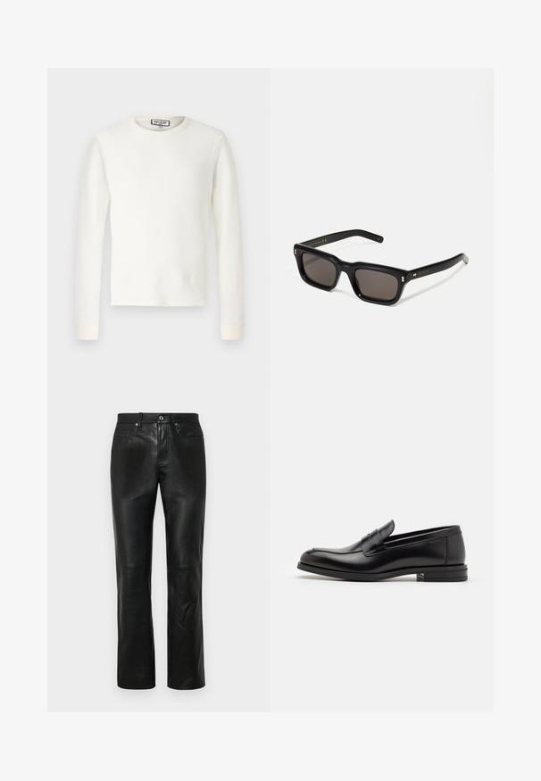 Vit långärmad thermal-top med ribbat mönster, rund halsringning och bandade ärmar. Ren design utan mönster eller ytterligare detaljer.; Svarta läderbyxor med rak ben-design, med knappstängning, fyra fickor och slät textur. Förstärkta sömmar synliga.; Svarta läderloafers med en slät yta, rund tå och ett dekorativt band över främre delen. Låg staplad klack, minimalistisk design.; Svarta rektangulära solglasögon med mörka linser, tjock plastbåge, guldfinish på skalmarna och varumärkeslogotyp graverad på armen.