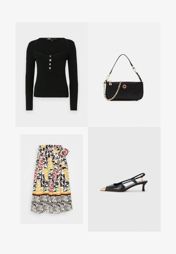 Svart langt ermet ribbet topp med kvadratisk halsringning og fem dekorative knapper foran for lukking.; Blomstermønstret skjørt med folder, i fargene rød, gul, grønn og svart på en hvit bakgrunn. Inkluderer en svart og hvit bølget kant.; Svarte skinn slingback-sko med spiss tå og gullmetallhette. Har utskjæringsdesign og en slank hæl med justerbar stropp.; Svart håndveske med en glatt tekstur, som har en gullkjede-reim, glidelås-lukking og et dekorativt gull-emblem på forsiden.