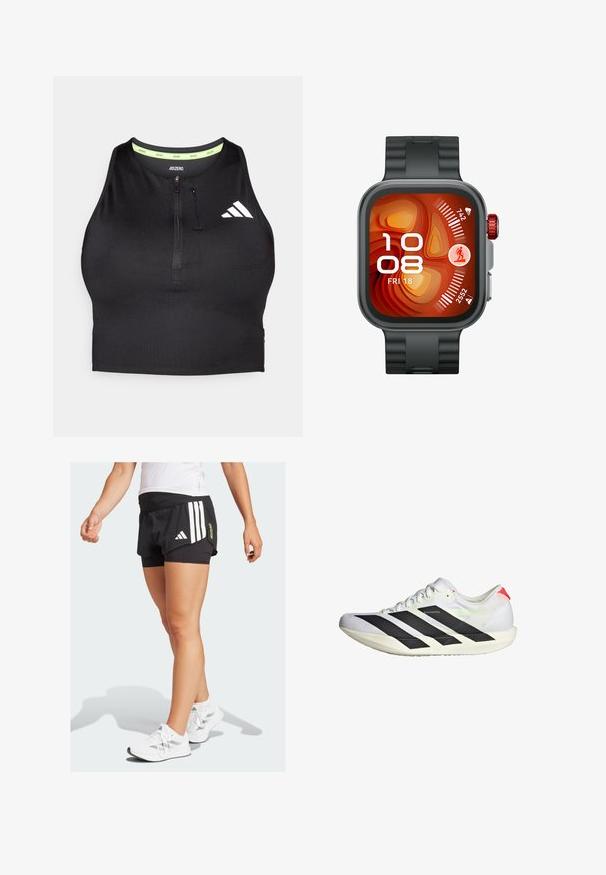 Black athletic crop top with a zipper at the front, made from smooth fabric. Features a green inner neckline and a white logo on the side.; Black athletic shorts with a layered design, featuring white diagonal stripes and a green "ADIZERO" logo. Worn with white sneakers.; White running shoe with black stripes, textured mesh upper, flat sole, and reflective accents. Features a streamlined design and lace-up closure.; Smartwatch with a square face, black silicone strap, orange and red display, digital time, date, activity icons, and a red side button.
