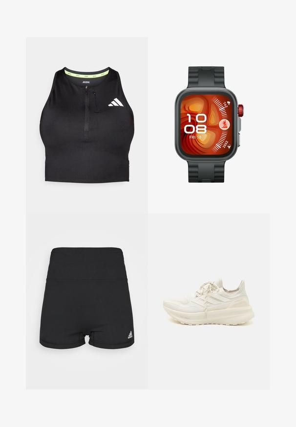 Black athletic crop top with a zipper at the front, made from smooth fabric. Features a green inner neckline and a white logo on the side.; Black shorts made of stretch fabric, featuring a high waistband and a small Adidas logo on the bottom right. Smooth texture, fitted design.; White athletic shoe featuring a textured upper, three-stripe design, light cushioning, and a split-color heel accent. Lightweight sole technology.; Smartwatch with a square face, black silicone strap, orange and red display, digital time, date, activity icons, and a red side button.