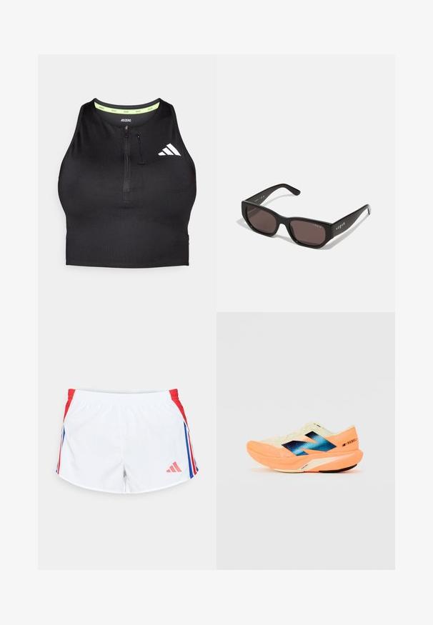 Top desportivo preto, curto, com um fecho na frente, feito de um tecido suave. Apresenta uma gola interior verde e um logótipo branco de lado.; Calções desportivos brancos com painéis laterais vermelhos e riscas azuis. Cintura elástica e logo no canto inferior esquerdo. Textura de tecido suave.; Sapatilha de corrida com um cabedal leve em creme, marcação azul e detalhes laranja na sola. Textura em malha para maior respirabilidade.; Óculos de sol retangulares pretos com lentes escuras. Apresenta uma armação de plástico suave e detalhe do logotipo na haste. Design limpo e moderno.