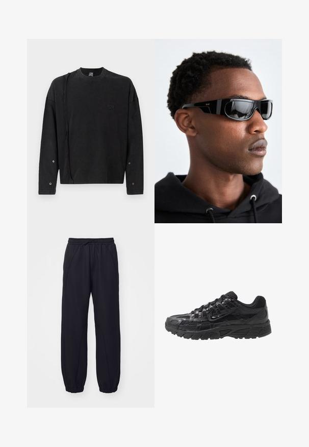 Crna dukserica dugih rukava s okruglim izrezom, s nijansiranim logotipom sprijeda i gumbima na rukavima, izrađena od mekanog materijala.; Crne trenirke od mekog materijala, s elastičnim pojasom i vezicom, sužene na rubovima i s dekorativnim šavovima.; Crne atletske cipele s mrežastim i sintetičkim gornjim dijelom, teksturiranom površinom, vezanjem i uzorkovanim gumenim potplatom za prianjanje.; Crne sunčane naočale sa elegantnim, uglatim dizajnom. Imaju sjajni okvir i tamne naočale. Mali zlatni RSF logotip sa strane.