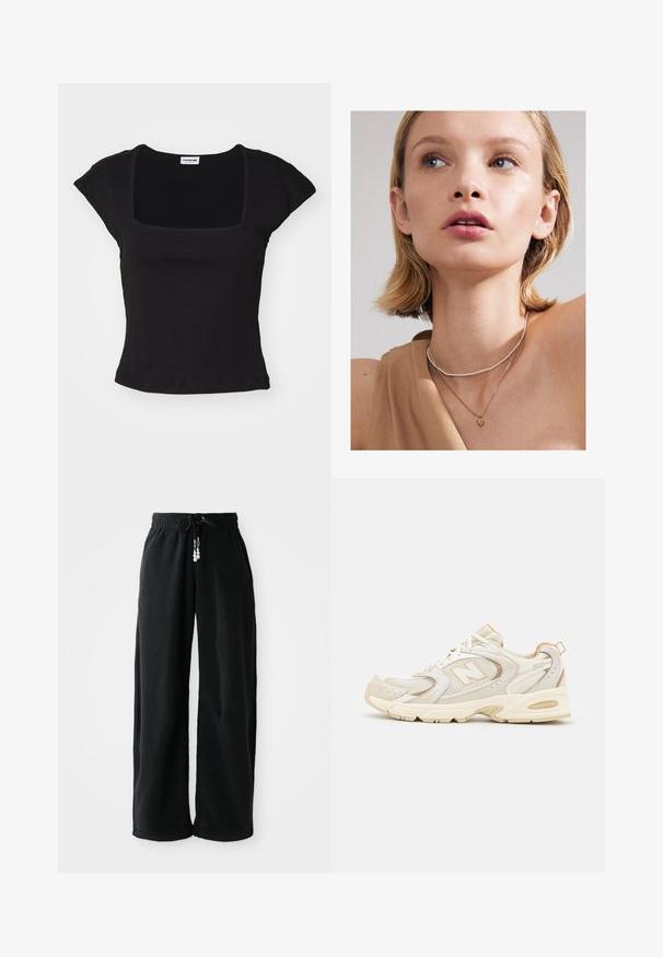 Črna majica s kratkimi rokavi in kvadratnim izrezom, narejena iz mehkega materiala. Značilna je prilegajoča oblika in gladka tekstura. Brez vidnih vzorcev ali okrasnih elementov.; Črne jogger hlače iz mehkega materiala, s pasom na vrvico in ohlapnim krojem. Brez vzorcev. Preprost dizajn z manšetami na robovih in stranskimi žepi.; Bež športni čevlji z mrežasto in sintetično oblogo, ki imajo teksturirano površino, podložen ovratnik in 'ABZORB' blaženje v peti.; Zlati obesek v obliki srca, plasten z nežnim srebrnim obeskom iz biserov, nosimo z bež topom. Koža je gladka in rahlo osvetljena.