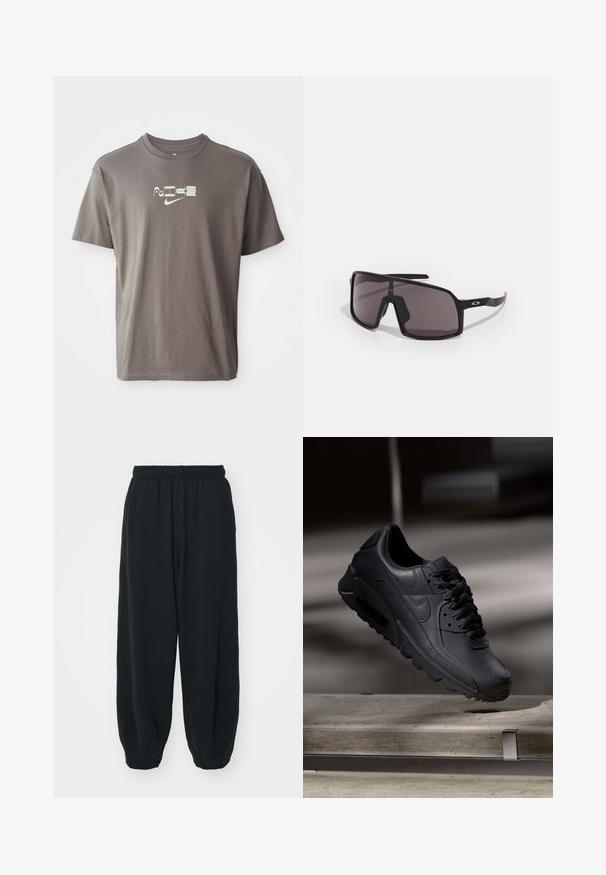 Brun kortermet t-skjorte med en lysfarget "Nike"-logo trykket på forsiden, med en uformell og avslappet passform.; Sorte, joggebukser med elastisk liv, løs passform, mansjetter på ankler, glatt tekstur og uten synlige mønstre eller hardware-detaljer.; Sorte Nike Air Max joggesko med en teksturert skinnoverdel, gummisåle og fremtredende snøresystem, som viser en strømlinjeformet, moderne design.; Svarte rektangulære solbriller med mørke linser, bred ramme og slanke svarte armer. Har en logo på stengene. Glatt tekstur.
