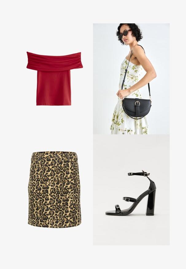 Raudonas off-the-shoulder viršus su surinktu audiniu kaklo zonoje. Lygi, elastinga medžiaga; iki kelių ilgio modelis, be matomų raštų ar metalinių detalių.; Leopardų rašto džinsinė sijonas su pritvirtintu dizainu, juodos ir rudos spalvų raštas ant šviesiai smėlio spalvos pagrindo, su priekinėmis kišenėmis ir klasikine liemene.; Juoda blizgi lakuota basutė su kvadratiniu pirštu, kulkšnies dirželiais ir sidabro sagtimis. Yra tvirta blokinė kulno konstrukcija, užtikrinanti stabilumą.; Juodas odinis krepšys su išlenkta forma, nuimamu dirželiu ir auksiniais detalėmis. Krepšys turi kilpą su sagtimi.