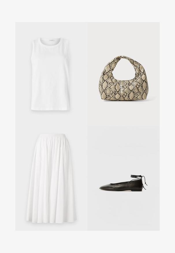 Hvit ermeless topp laget av myk bomull. Har rund halsringning og rett snitt. Enkelt design uten synlige mønstre eller detaljer.; Hvit, knelang skjørt laget av lett materiale, med elastisk midje og en svakt utsvingende, plisserte design.; Svarte lær balletflater med spiss tå, ankelbånd og flat såle, som har en glatt tekstur og minimalistisk design.; Veske med slangeskinnmønster og krummet håndtak. Laget av teksturerte, beige og brune materialer, med et særegent diamantmønster.