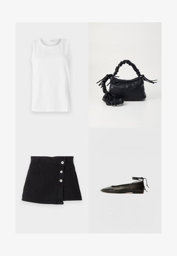White sleeveless top made of soft cotton. Features a round neckline and straight cut. Plain design with no visible patterns or accents.; Black denim skirt with a high waist, featuring a wrap design, five silver buttons on one side, and two side pockets. Smooth texture.; Black leather ballet flats with a pointed toe, ankle tie, and flat sole, featuring a smooth texture and minimalistic design.; Black faux leather handbag with a crocodile texture, cinched top, and a scrunched strap. Appears soft and compact in design.