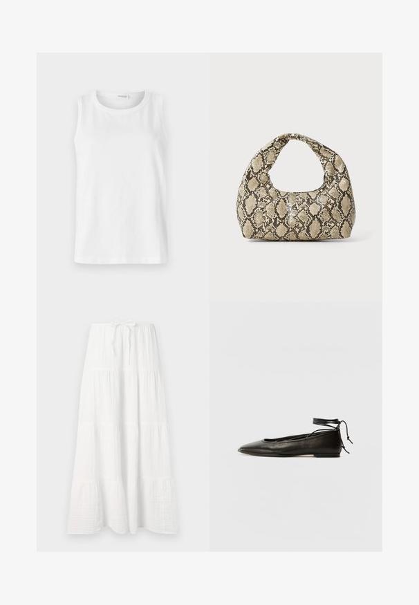 Fehér ujjatlan felső, puha pamutból készült. Kerek nyakkivágással és egyenes szabással rendelkezik. Egyszínű dizájn, látható minták vagy díszítések nélkül.; Fehér, hosszú szoknya texturált anyagból, vízszintes rétegekkel és állítható derékpánttal a megfelelő illeszkedésért. Simogató, folyékony dizájn.; Fekete bőr balettcipők hegyes orral, bokakötővel és lapos talppal, sima textúrával és minimalista dizájnnal.; Kígyómintás kézitáska ívelt fogantyúval. Texturált, bézs és barna anyagból készült, jellegzetes gyémántmintával.