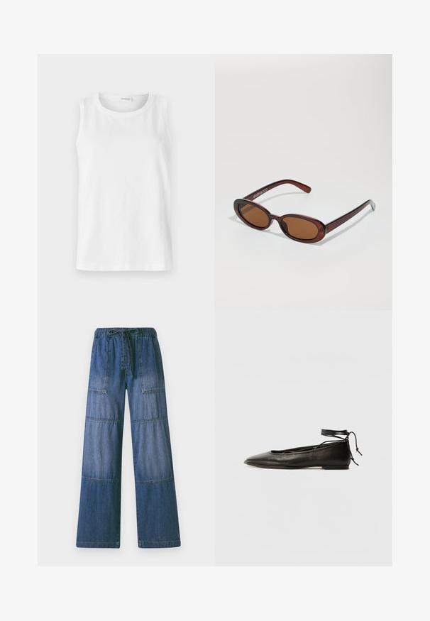 Hvit ermeless topp laget av myk bomull. Har rund halsringning og rett snitt. Enkelt design uten synlige mønstre eller detaljer.; Denim vidt leggebukser med snor i livet, som har to lapp-lommer, en lys til mørk gradient og kontrasterende sømmer.; Svarte lær balletflater med spiss tå, ankelbånd og flat såle, som har en glatt tekstur og minimalistisk design.; Runde, brune solbriller med en blank burgunderfarvet ramme. Slanke arme med subtile brandingdetaljer. Flad linse design.